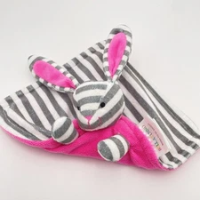 Bella Tunno Pink Gray WHITE STRIPED RATTLE SECURITY BLANKET Bunny 8”