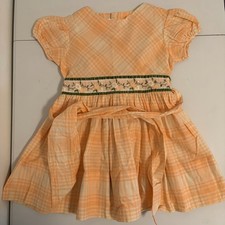 Girl's Cinderella Brand Orange Checked Dress Embroidered Flowers Size 6 1/2 VTG