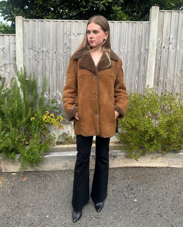 70's Vintage Brown Shearling Morlands Real Lambskin Leather Retro Coat Jacket - Image 3 of 4