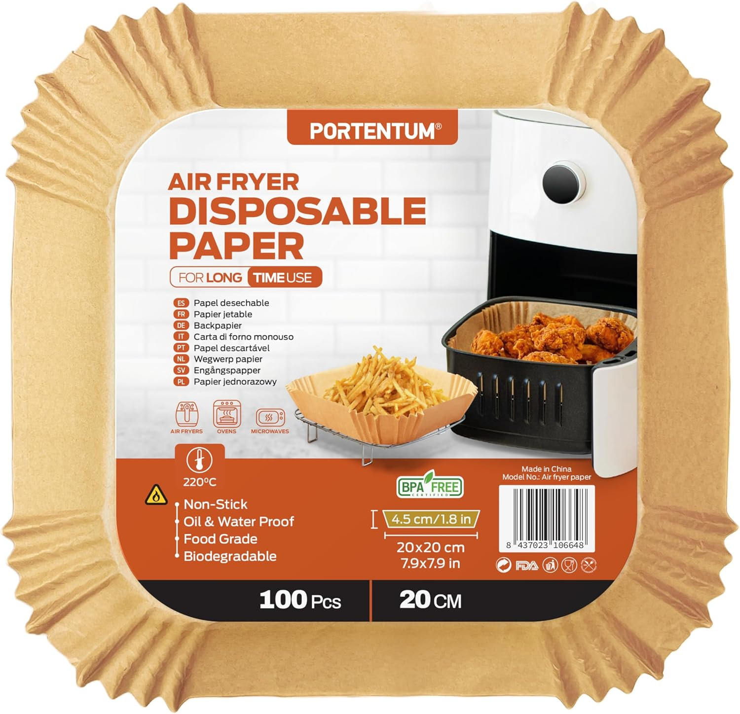 Portentum Air Fryer Liners 100pcs Disposable Unbleached Greaseproof 5-8L