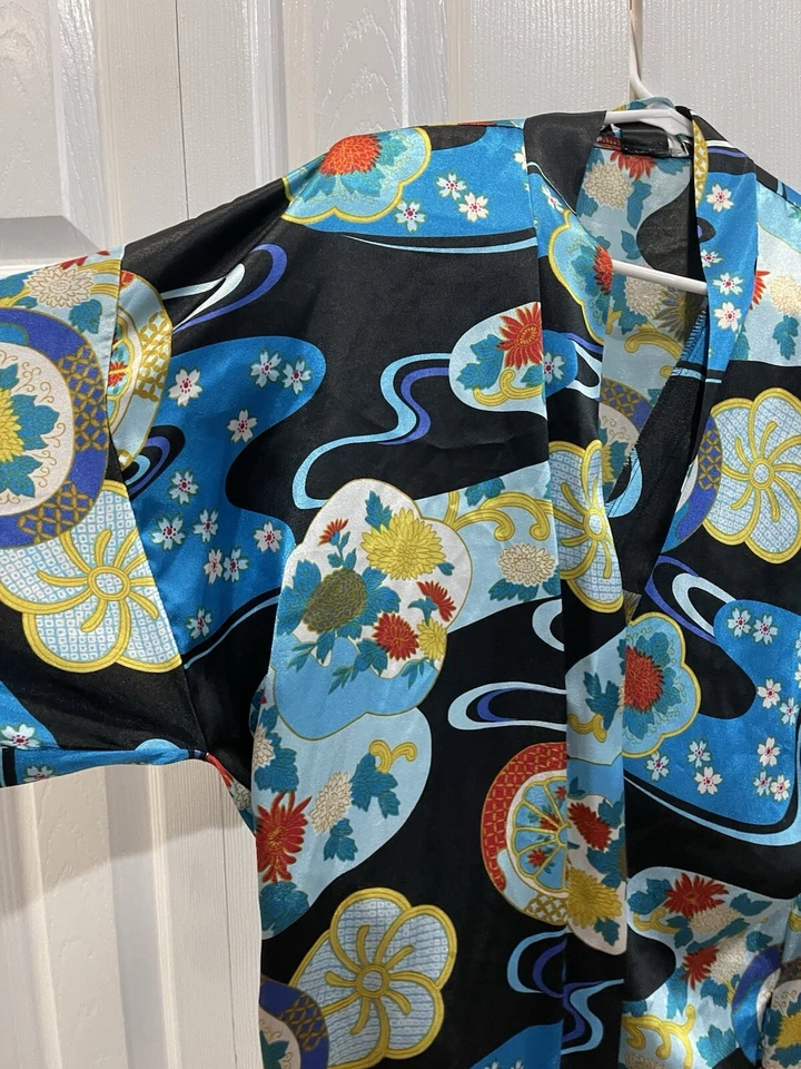 Vestido kimono vintage Fredericks of Hollywood talla única azul rojo Foto 3 de 4