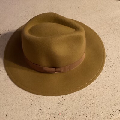 Flat Wide NWT Brimmed fedora hat tan/brown bow tie 100% wool  display picture 1