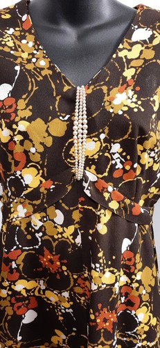 Vintage Handmade 70's Polyester Long Dress Long Sleeve Brown Floral Retro - Picture 2 of 7