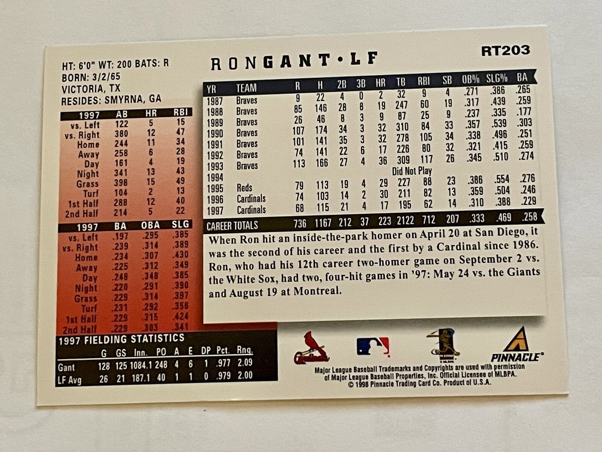 タレントカード RT-1992227333 Ron Gant St. Louis Cardinals 1998 Score Rookie & Traded #RT203. MT