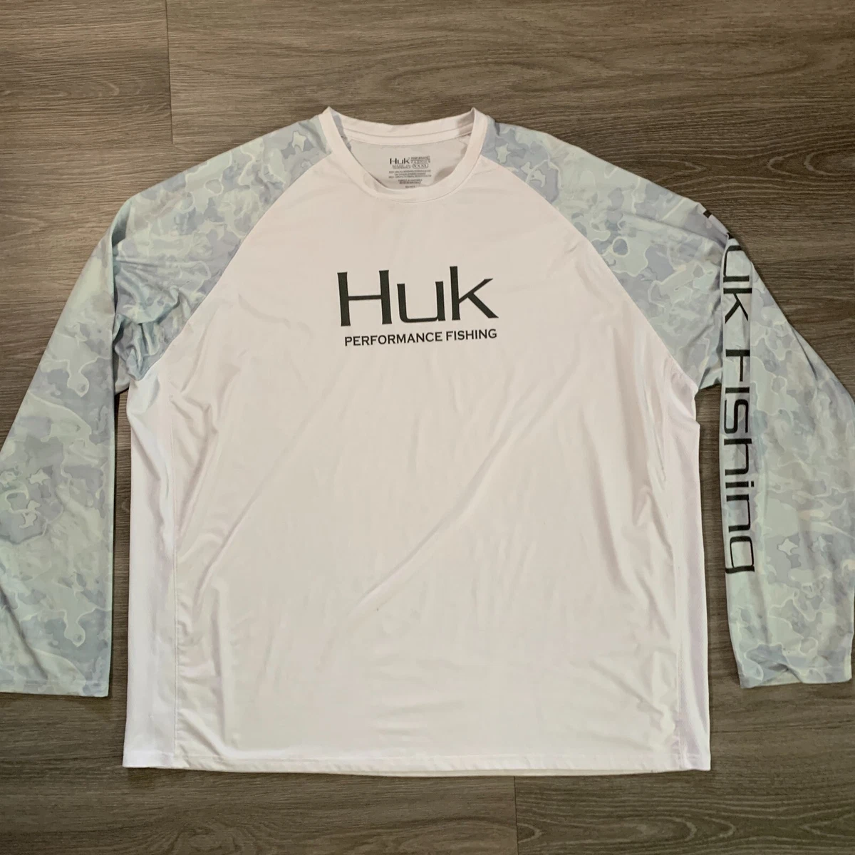 Huk Performance Fishing Shirt Mens 3XL White Light Blue Camo Long Sleeve  Stretch