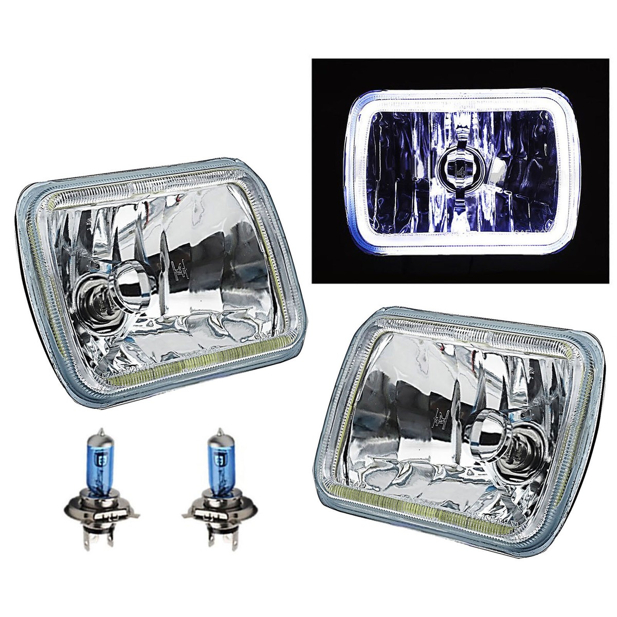 Pair 7x6 Inch Chrome Halo Projector Headlights – Glass Lens, White LED Halo, H4