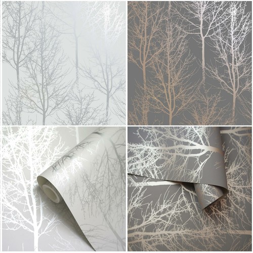 Grey Silver Rose Gold Trees Wallpaper Metallic Shine Holden Decor Rhea