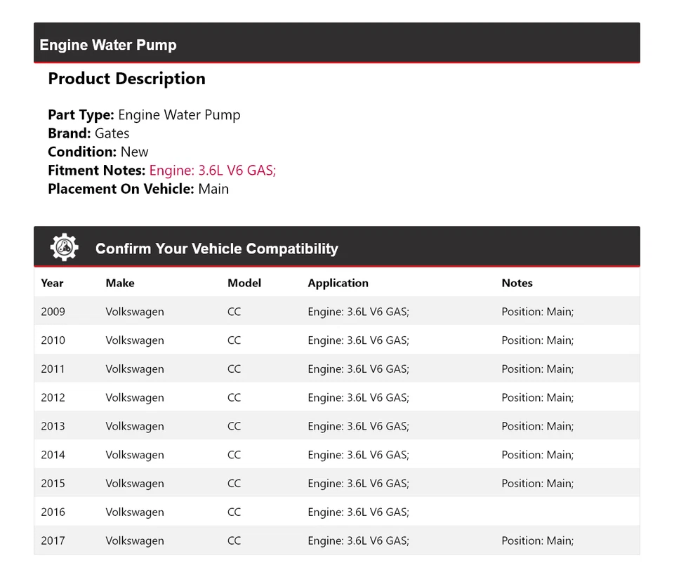 适用于 2009 - 2017 年大众 CC 3.6L V6 燃气发动机水泵门 2010 2011 2012 — 第 2/4 张图片