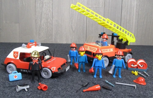 Vintage 1977 Playmobil Fire Truck, Fire Chief Car and 2x Fire Fighters set