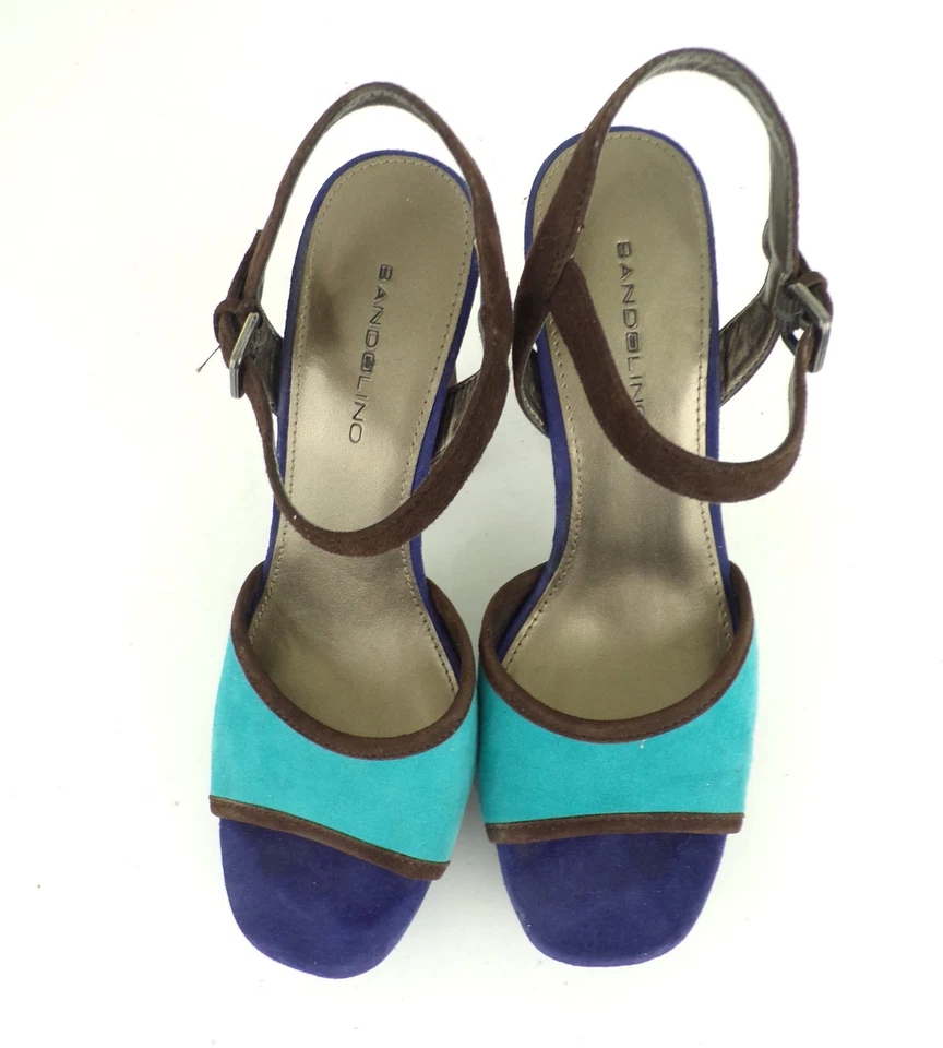 Vintage BANDOLINO Shoes 6 M Brown & Blue Suede Open Toe Strappy Heels Sandals  - Image 2 of 4