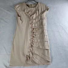 Vintage Lanvin Paris Y2K Mini Dress Size L Beige Cotton Gathered Front Zip