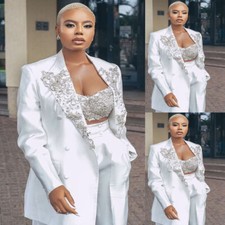 White Women Suits Beaded 2 Pieces Work Wear Set Ladies Office Groom Prom Wedding