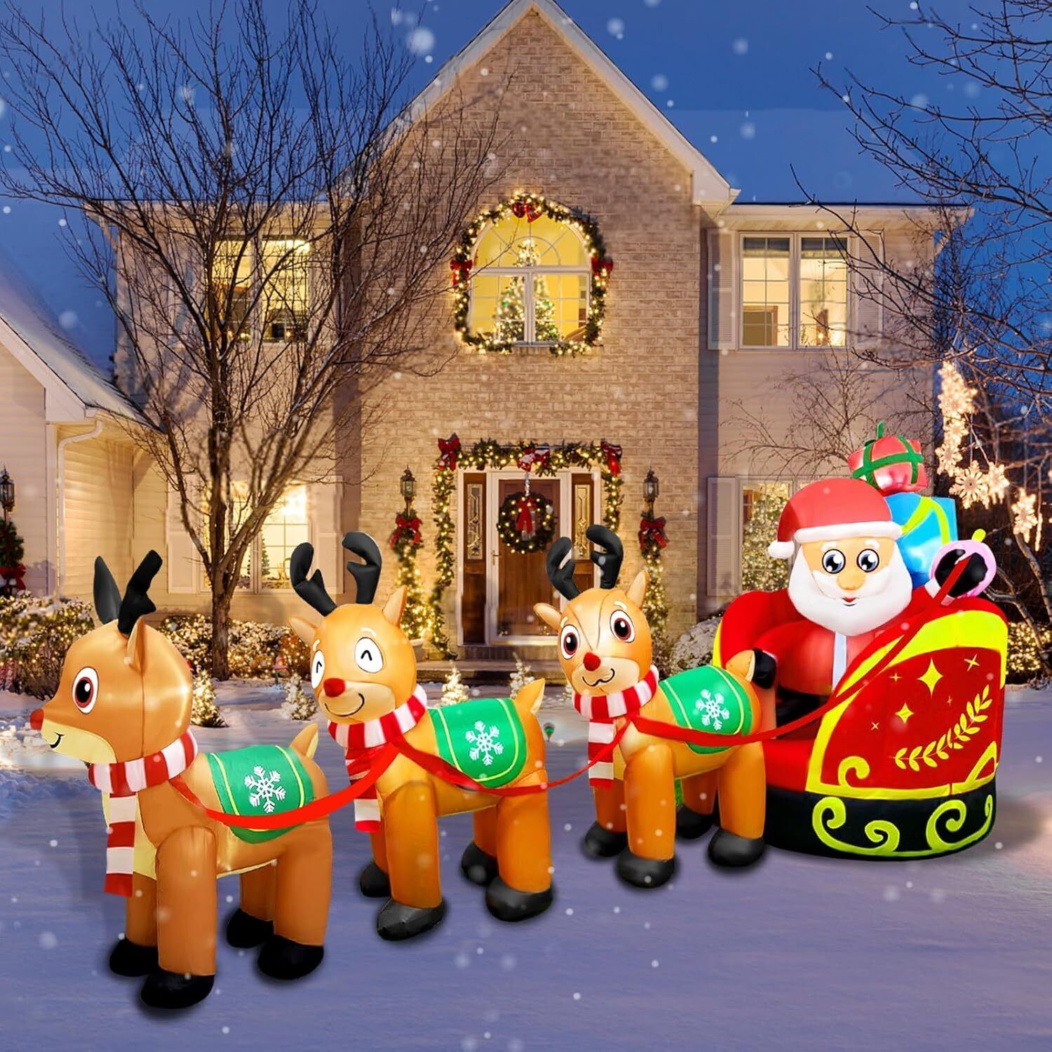 11.5 Christmas Inflatable Outdoor Decoration Santa Claus on Sleigh W/ 3 Reindeer