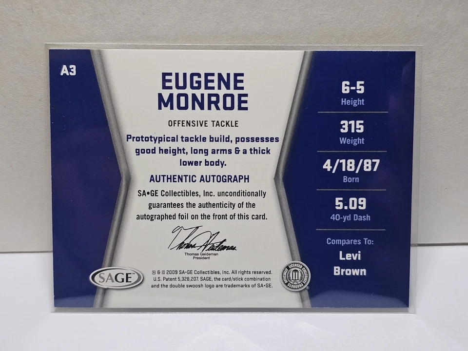 2009 SAGE HIT Eugene Monroe #A3 Auto Silver - Image 2 of 2
