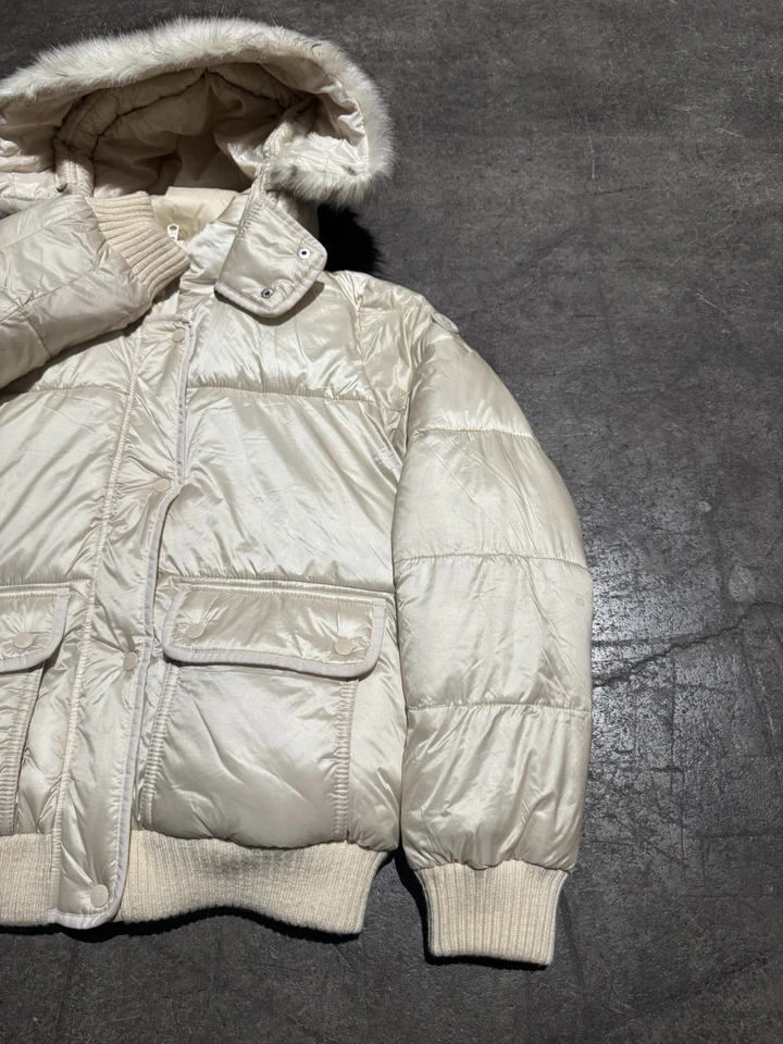 Abercrombie & Fitch Puffer Down Jacket Womens Medium Beige Hooded Faux Fur - Image 3 of 4