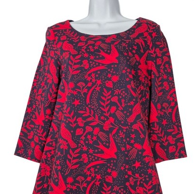 Boden Women 6 Winifred Jersey Jacquard Mystic Woodland Print 3/4 Sleeve Red Navy