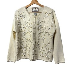 VTG Tiara Intl Floral Embroidered Cottage Cardigan Sweater Size M Fairy Grandma