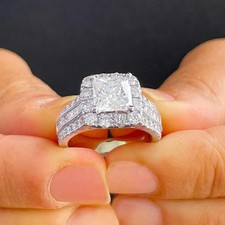 3Ct Princess Cut Lab Created Moissanite Halo Engagement Ring 14K White Gold