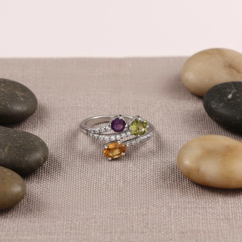 Cluster Multi Gemstone Sterling Silver Ring Amethyst Citrine Peridot Blue Topaz - Image 3 of 4