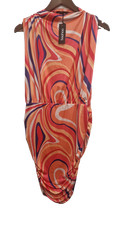 Boohoo Abstract Print Slinky High Neck Ruched Mini Dress - Size 18