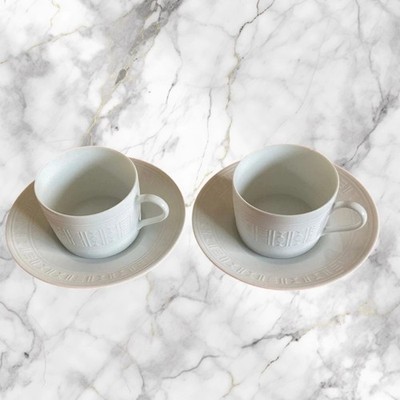 Hermes Cup & Saucer Egee White Set Of 2 Porcelain Tableware Boxed Good Condition