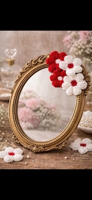 Handarbeit gehäkelt weiß&rot 6 Blumen Applikation, Nähen Basteln, Hochzeit Blume 