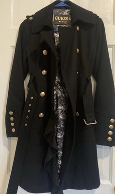 Guess Black Wool Blend Trench Coat Jacket with Belt   Size Small S