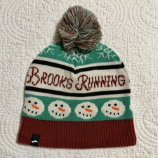Image of Brooks Running Cap Beanie OS Green Brown Fair Isle Snowmen Pom Pom Run Merry Pom