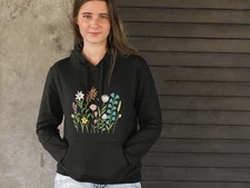 Embroidered Floral Garden Hoodie Colorful Wildflower Graphic Unisex Black Sweats