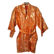 Vtg Japanese Brocade Kimono Smoking Robe Red Gold Lined Pockets Open w/Belt READ