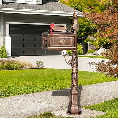 Decorative Large Mailbox with Post, Heavy Duty Cast Aluminum Postal Mail Box