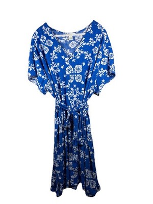 H&M Maxi Dress Plus XXL Blue White  V Neck Relaxed Tropical Beach Belted Resort