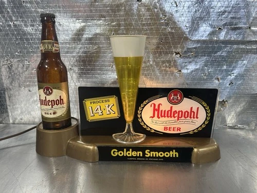 Rare Vintage Hudepohl 14K Beer Lighted Bubbler Sign Golden Smooth