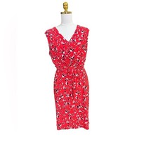 Lauren Ralph Lauren Red Floral Wrap Dress Size 16 Midi V-Neck Tie Waist
