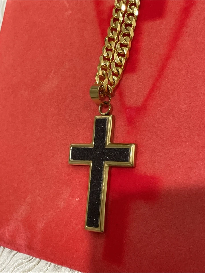 Collar de acero inoxidable para hombre tamaño 15 pulgadas tono dorado cruz circonita cadena colgante! Foto 2 de 4