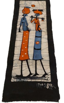 Art Vintage Original Signed Batik Vertical Fabric 24''x9'' Black Orange No frame