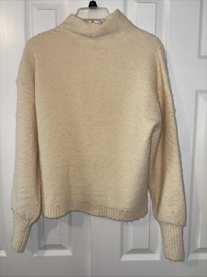 L.L. Bean Marled Cream Ragg Sweater Funnel Neck Knit Pullover Women M - Image 2 of 3