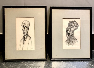 Lot Of Two Surrealist Vintage Pen And Ink Drawings Paintings R R Semon SPOOKY