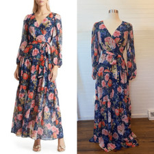 Eliza J Chiffon Floral-Print Faux-Wrap Tiered Maxi Dress
