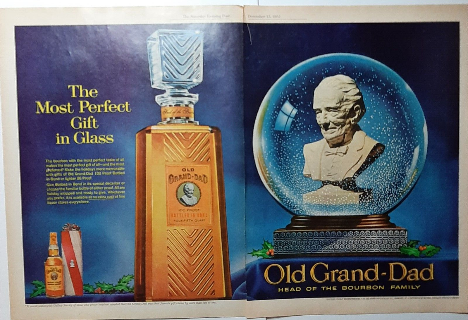 1962 Old Grand Dad Vintage Print Ad Bourbon Whiskey Blended Glass Decanter Gift