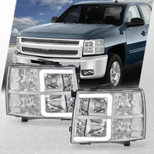 Fit For 2007-2013 Chevy Silverado 1500 Chrome/Clear LED DRL Tube Headlights