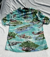 REALLY COOL VTG PARADISE FOUND SEA PLANE HAWAIIAN RAYON SHIRT R-10 HONOLULU VGC