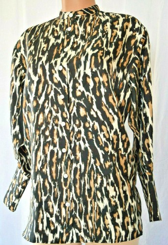 CALVIN KLEIN LEOPARD ANIMAL PRINT JEWEL COLLAR PUFFY LONG SLEEVES BLOUSE SIZE 38 - Picture 2 of 9