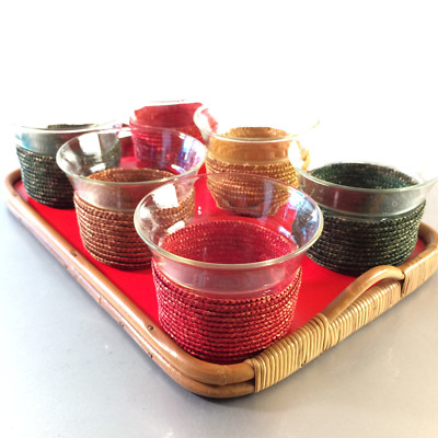 MID CENTURY 6er Set  Teegläser Gläser Schott 50er 60er Tablett Holz 28 cm