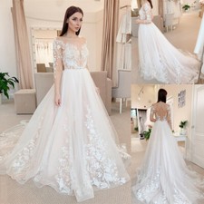 Wedding Dresses Lace A-Line Long Sleeves Button Back White Ivory Bridal Gowns