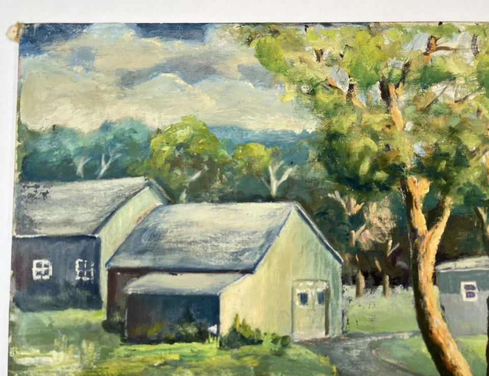 "Pintura de arte popular al óleo sobre lienzo de colección robles gemelos 12x16"" escena agrícola posguerra" Foto 2 de 4