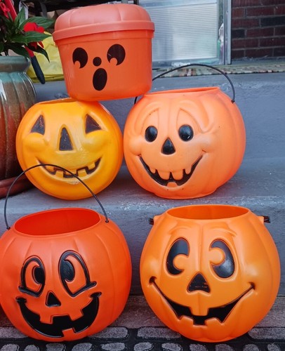 Vtg Halloween Pumpkin Bucket Candy Pail Blow Mold Signed Lot 1960 -1990 - Picture 3 of 17