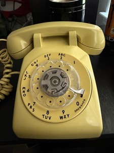 AT&T Yellow Rotary Dial Desk Telephone, Corded with Coiled Handset Cord