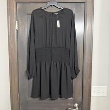 Madewell Smocked Waist Mini Dress Black Long Sleeve Round Neck NT369 XL NEW