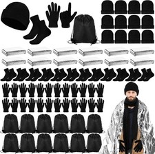 60 Pcs Homeless Care Package Supplies Winter Beanie Gloves Sock Drawstring Bags